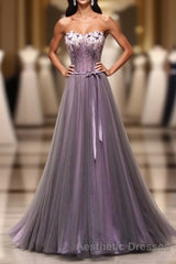 Pruple Tulle Sweetheart Neck Long Evening Prom Dresses, Evening Prom Dresses
