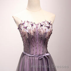 Pruple Tulle Sweetheart Neck Long Evening Prom Dresses, Evening Prom Dresses