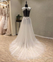 White A-Line Tulle Lace Long Evening Prom Dresses, White Wedding Dresses