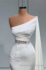 White Asymmetric One Shoulder Mermaid Stretch Satin Evening Evening Prom Dresses