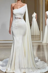 White Asymmetric One Shoulder Mermaid Stretch Satin Evening Evening Prom Dresses