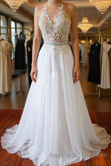 White Chiffon Tulle Appliques Lace Sweep Train Sexy Open Back Evening Prom Dresses, Lace Formal Dresses