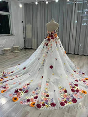 White Floral Sweetheart Long Sleeves Ball Gown Evening Prom Dresses