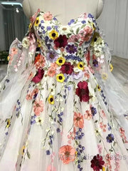 White Floral Sweetheart Long Sleeves Ball Gown Evening Prom Dresses