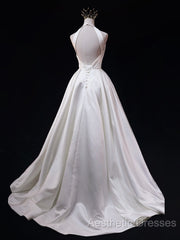 White Halter Simple Satin Backless Long Weddign Party Dresses, White Long Formal Dresses