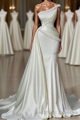 White Long Mermaid One Shoulder Satin Beads Formal Evening Prom Dresses