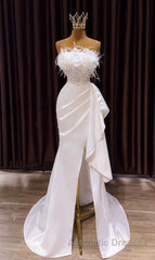White Evening Prom Dresses, Vintage Mermaid Long Slit White Wedding Dresses