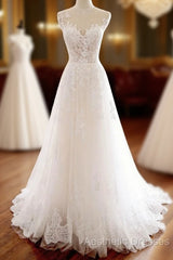 White Round Neck Tulle Lace Long Evening Prom Dresses White Tulle Wedding Dresses