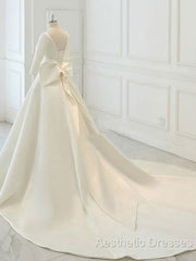 White Satin Backless 3/4 Sleeve Wedding Dresses Party Evening Prom Dresses