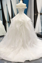 White Tulle Lace Off Shoulder Long Evening Prom Dresses White Lace Wedding Dresses