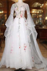 White Tulle Long Sleeves A-Line Wedding Party Dresses, White Tulle Evening Prom Dresses