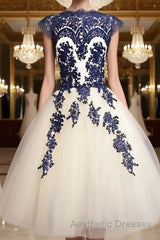 White Tulle Short Navy Blue Lace  Evening Prom Dresses, Short Blue Lace Homecoming Dresses