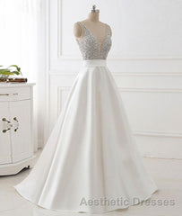 White v neck beads sequin long Evening Prom Dresses, white evening Dresses