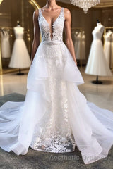 White v neck tulle lace long Evening Prom Dresses white tulle lace evening Dresses