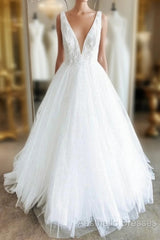 White V Neck Tulle Lace Long Evening Prom Gown Wedding Dresses