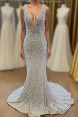 White Sequined Deep V Neck Sleeveless Glitter Evening Prom Dresses Formal Gown