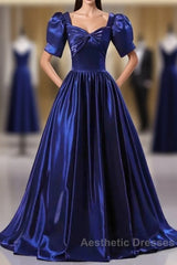 Wholesale Blue Satin Floor Length Evening Prom Dresses A-Line Short Sleeve Backless Evening Party Dresses