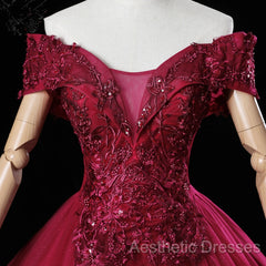 Wine Red Ball Gown Sweetheart Off Shoulder Long Party Dresses, Wine Red Sweet 16 Dresses