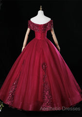 Wine Red Ball Gown Sweetheart Off Shoulder Long Party Dresses, Wine Red Sweet 16 Dresses