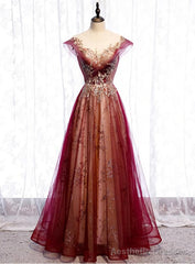 Wine Red Cap Sleeves Tulle with Lace Applique Party Dress, Wine Red Evening Dress Prom Dress