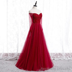 Wine Red Long Sleeves Beaded Tulle Evening Gown A-line Wine Red Long Prom Dress prom dresses shops
