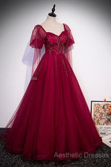 Wine Red Long Sleeves Tulle Evening Gown Evening Prom Dresses, Dark Red Beaded Party Dresses