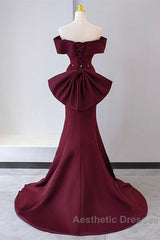 Wine Red Mermaid Lace-Up Satin Long Formal Dresses, Wine Red Off Shoulder Evening Dresses
