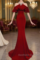 Wine Red Mermaid Off Shoulder Halter Neckline Party Dresses, Wine Red Evening Gown