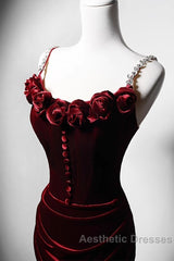 Wine Red Mermaid Straps Beaded Long Formal Dresses, Wine Red Evening Dresses Evening Prom Dresses