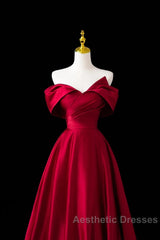 Wine Red Satin A-Line Evening Prom Dresses, Wine Red Evening Dresses Formal Dresses
