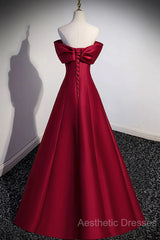 Wine Red Satin Long Party Dresses, A-Line Wine Red Satin Evening Prom Dresses