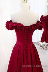 Wine Red Satin Off Shoulder Beaded Long Formal Dresses, Wine Red A-Line Evening Prom Dresses