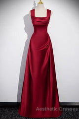 Wine Red Satin Off Shoulder Long Party Dresses, A-Line Satin Evening Prom Dresses