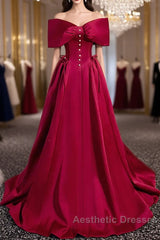 Wine Red Satin Sweetheart Long Evening Dresses, Wine Red Satin Evening Prom Dresses
