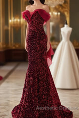 Wine Red Sequins Mermaid Long Party Dresses, Off Shoulder Sweetheart Evening Prom Dresses