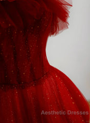Wine Red Tull A-Line Scoop Long Evening Prom Dresses, Wine Red Tulle Evening Dresses