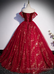 Wine Red Tulle Ball Gown Beaded Sweetheart Party Dresses, Wine Red Evening Prom Dresses