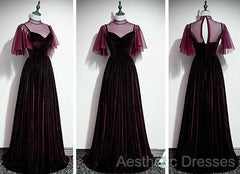 Wine Red Velvet A-Line Long High Neckline Party Dresses, Wine Red Long Bridesmaid Dresses