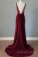 Wine Red Velvet Backless Straps Evening Prom Dresses, Wine Red Velvet Party Dresses