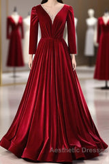 Wine Red Velvet Long Sleeves See Through Evening Prom Dresses, Wine Red Wedding Party Dresses