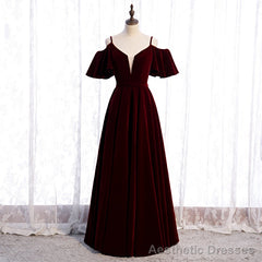 Wine Red Velvet Off Shoulder Floor Length Party Dress, Velvet Junior Prom Dress