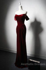 Wine Red Velvet Off Shoulder Long Mermaid Evening Prom Dresses, Wine Red Velvet Eveing Dresses