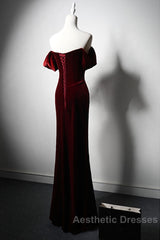 Wine Red Velvet Off Shoulder Long Mermaid Evening Prom Dresses, Wine Red Velvet Eveing Dresses