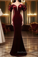 Wine Red Velvet Off Shoulder Mermaid Long Evening Prom Dresses, Long Lace-Up Evening Dresses