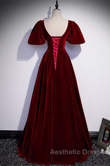 Wine Red Velvet Puffy Short Sleeves Party Dresses, Velvet Long Bridesmaid Dresses