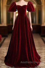 Wine Red Velvet Puffy Short Sleeves Party Dresses, Velvet Long Bridesmaid Dresses