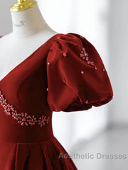 Wine Red Velvet V-Neckline Beaded Short Sleeves Party Dresses, Wine Red Long Evening Prom Dresses