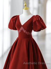Wine Red Velvet V-Neckline Beaded Short Sleeves Party Dresses, Wine Red Long Evening Prom Dresses