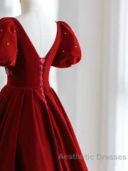 Wine Red Velvet V-Neckline Beaded Short Sleeves Party Dresses, Wine Red Long Evening Prom Dresses