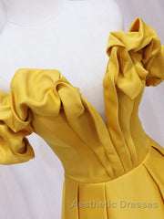 Yellow A-line Satin Long Evening Prom Dresses, Yellow Formal Dresses